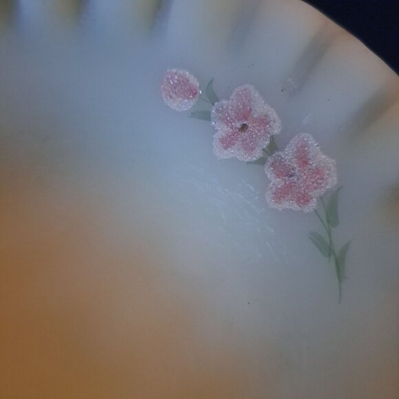 Fenton Scalloped Edge Custard Glass Pedestal Hand Painted Pink Roses Compote - Picture 16 of 16